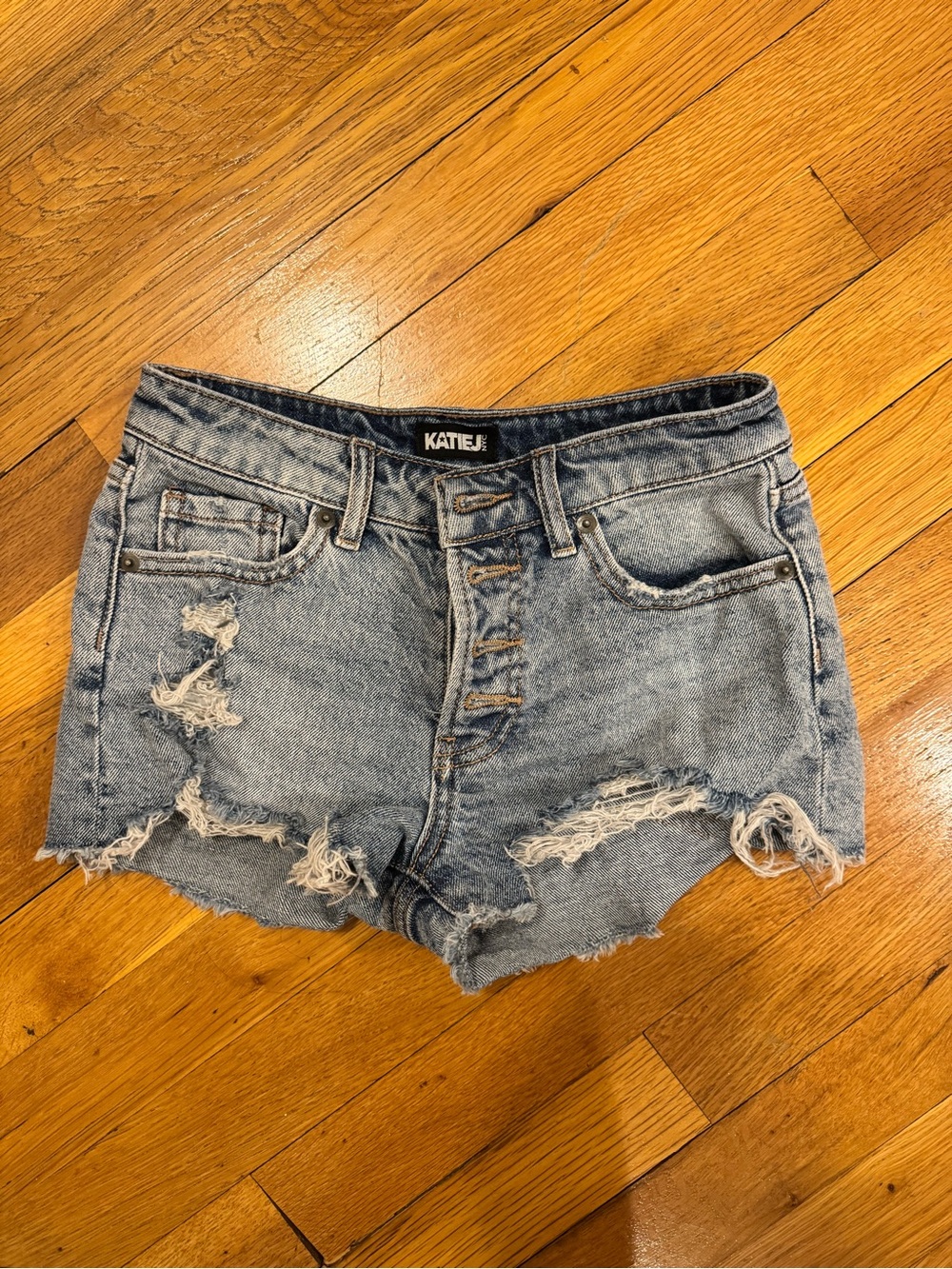 Katie J NYC Distressed Light Blue Denim Shorts